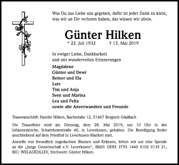 Anzeige von Günter Hilken von Kölner Stadt-Anzeiger / Kölnische Rundschau / Express