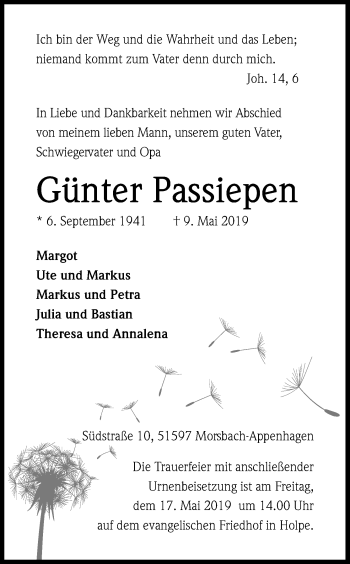 Anzeige von Günter Passiepen von Kölner Stadt-Anzeiger / Kölnische Rundschau / Express