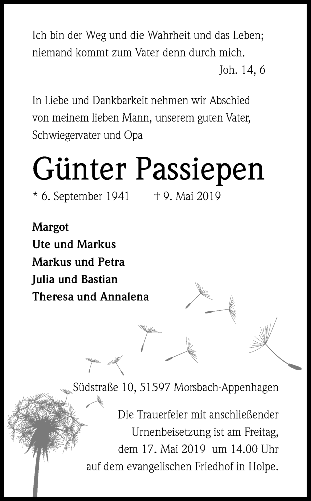  Traueranzeige für Günter Passiepen vom 14.05.2019 aus Kölner Stadt-Anzeiger / Kölnische Rundschau / Express