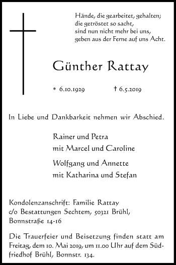 Anzeige von Günther Rattay von Kölner Stadt-Anzeiger / Kölnische Rundschau / Express