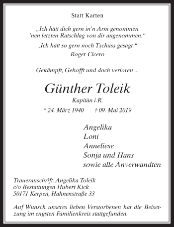 Anzeige von Günther Toleik von  Werbepost 