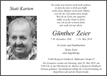 Anzeige von Günther Zeier von  Bergisches Sonntagsblatt 