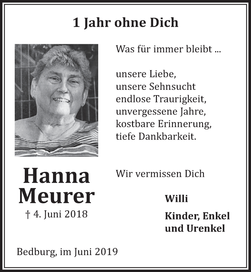  Traueranzeige für Hanna Meurer vom 01.06.2019 aus  Sonntags-Post 
