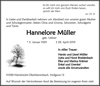 Anzeige von Hannelore Müller von  Lokalanzeiger 