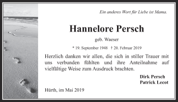 Anzeige von Hannelore Persch von  Wochenende 
