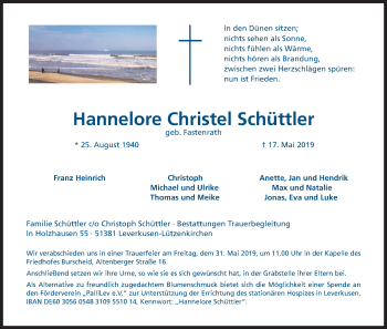 Anzeige von Hannelore Christel Schüttler von Kölner Stadt-Anzeiger / Kölnische Rundschau / Express