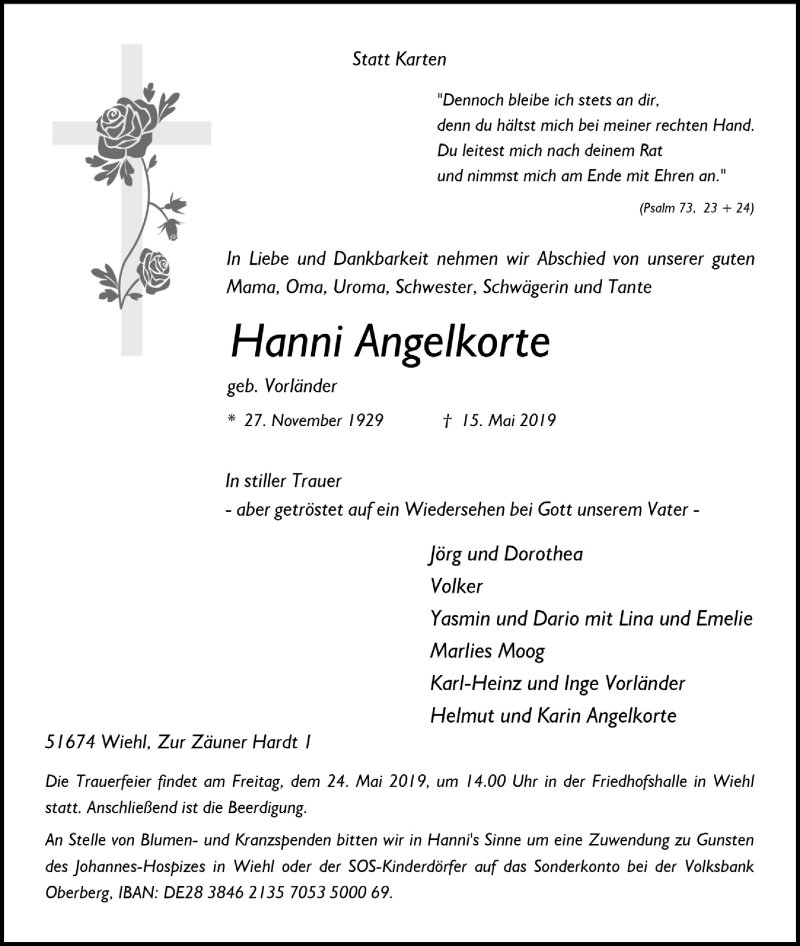  Traueranzeige für Hanni Angelkorte vom 22.05.2019 aus  Anzeigen Echo 