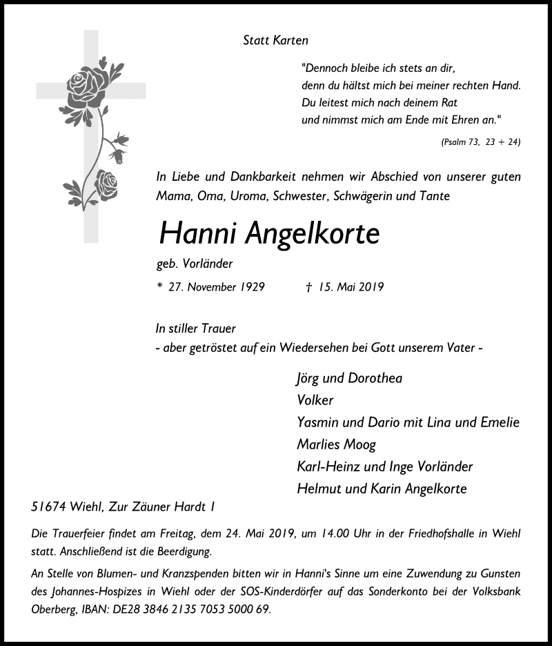  Traueranzeige für Hanni Angelkorte vom 21.05.2019 aus Kölner Stadt-Anzeiger / Kölnische Rundschau / Express
