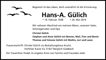 Anzeige von Hans-A. Gülich von Kölner Stadt-Anzeiger / Kölnische Rundschau / Express