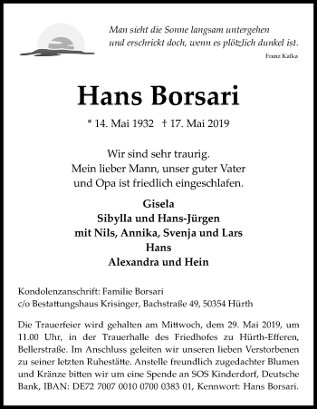 Anzeige von Hans Borsari von Kölner Stadt-Anzeiger / Kölnische Rundschau / Express