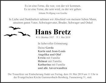 Anzeige von Hans Bretz von Kölner Stadt-Anzeiger / Kölnische Rundschau / Express