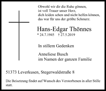Anzeige von Hans-Edgar Thönnes von Kölner Stadt-Anzeiger / Kölnische Rundschau / Express
