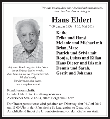 Anzeige von Hans Ehlert von  Werbepost 