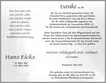 Anzeige von Hans Eicks von  Blickpunkt Euskirchen 