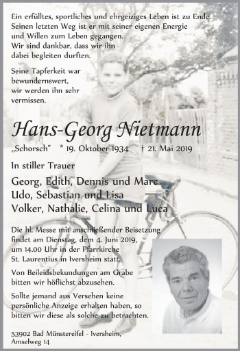 Anzeige von Hans-Georg Nietmann von  Blickpunkt Euskirchen 