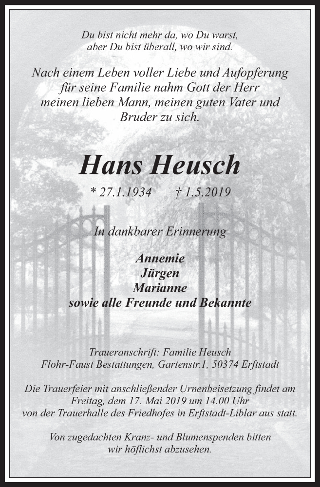  Traueranzeige für Hans Heusch vom 08.05.2019 aus  Werbepost 