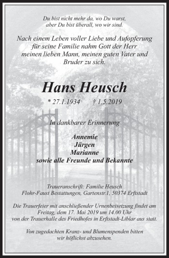 Anzeige von Hans Heusch von  Werbepost 