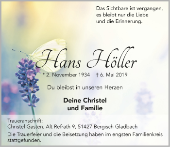 Anzeige von Hans Höller von  Bergisches Sonntagsblatt 