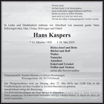Anzeige von Hans Kaspers von  Schaufenster/Blickpunkt am Wochenende 