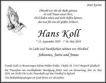 Anzeige von Hans Koll von Kölner Stadt-Anzeiger / Kölnische Rundschau / Express