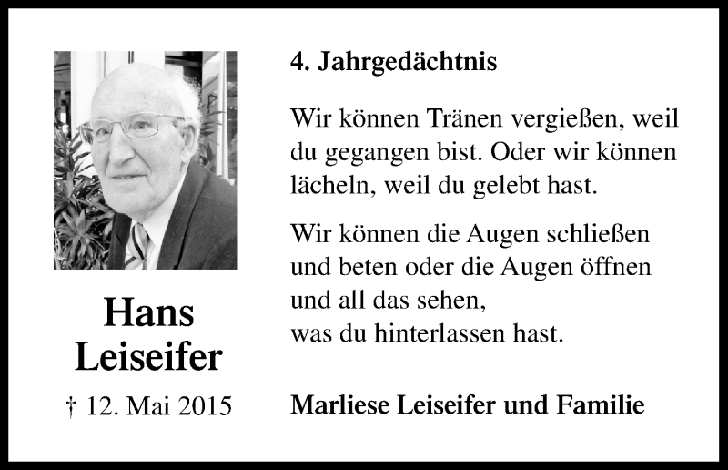  Traueranzeige für Hans Leiseifer vom 18.07.2023 aus Kölner Stadt-Anzeiger / Kölnische Rundschau / Express
