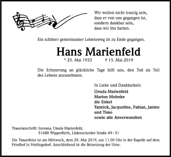 Anzeige von Hans Marienfeld von Kölner Stadt-Anzeiger / Kölnische Rundschau / Express