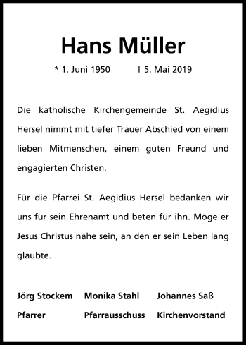 Anzeige von Hans Müller von Kölner Stadt-Anzeiger / Kölnische Rundschau / Express