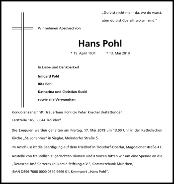 Anzeige von Hans Pohl von Kölner Stadt-Anzeiger / Kölnische Rundschau / Express