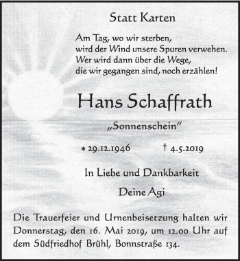 Anzeige von Hans Schaffrath von  Schlossbote/Werbekurier 
