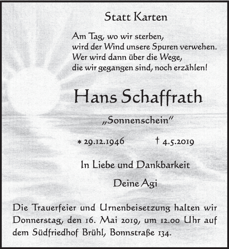  Traueranzeige für Hans Schaffrath vom 08.05.2019 aus  Schlossbote/Werbekurier 