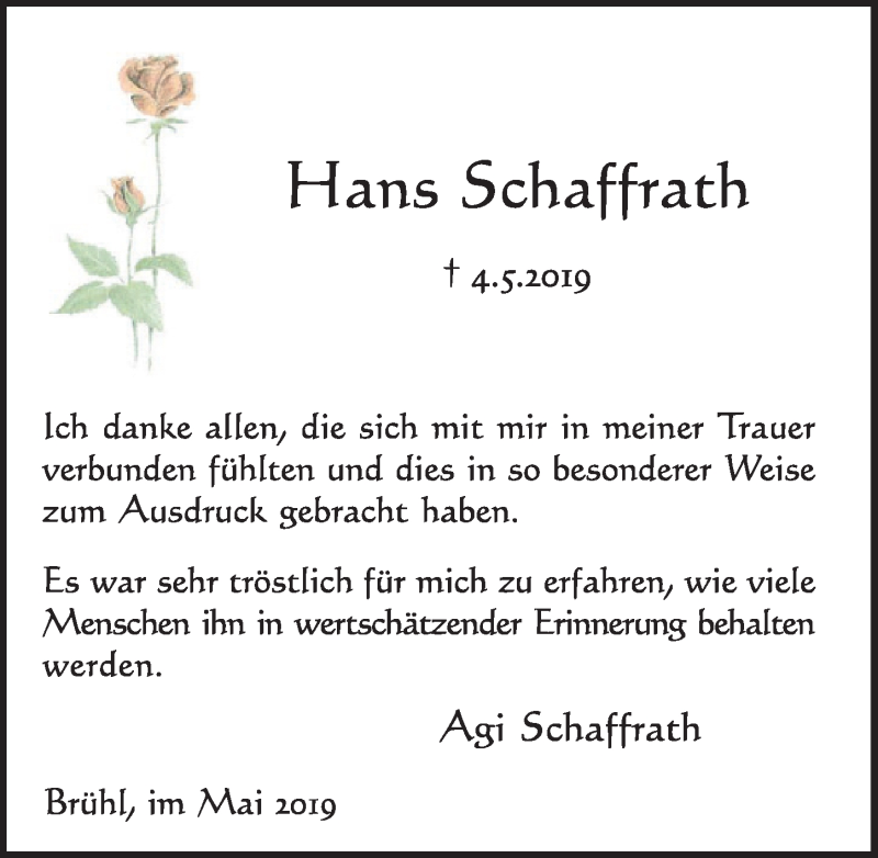  Traueranzeige für Hans Schaffrath vom 29.05.2019 aus  Schlossbote/Werbekurier 