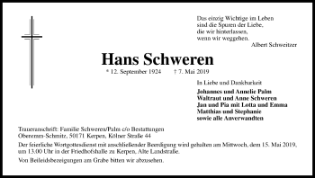 Anzeige von Hans Schweren von Kölner Stadt-Anzeiger / Kölnische Rundschau / Express