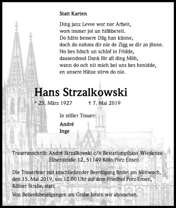 Anzeige von Hans Strzalkowski von Kölner Stadt-Anzeiger / Kölnische Rundschau / Express