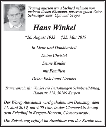 Anzeige von Hans Winkel von  Sonntags-Post 