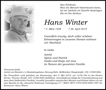 Anzeige von Hans Winter von Kölner Stadt-Anzeiger / Kölnische Rundschau / Express