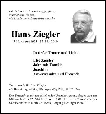 Anzeige von Hans Ziegler von Kölner Stadt-Anzeiger / Kölnische Rundschau / Express