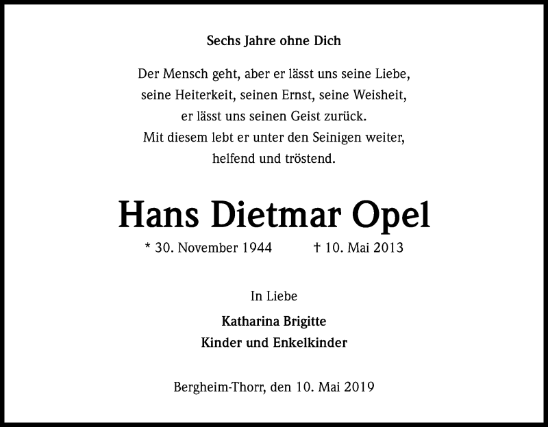  Traueranzeige für Hans Dietmar Opel vom 10.05.2019 aus Kölner Stadt-Anzeiger / Kölnische Rundschau / Express