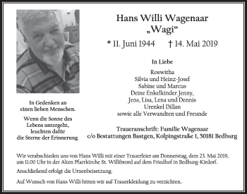 Anzeige von Hans Willi Wagenaar von  Sonntags-Post 