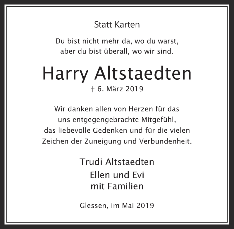  Traueranzeige für Harry Altstaedten vom 08.05.2019 aus  Werbepost 