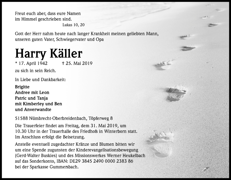  Traueranzeige für Harry Käller vom 28.05.2019 aus Kölner Stadt-Anzeiger / Kölnische Rundschau / Express