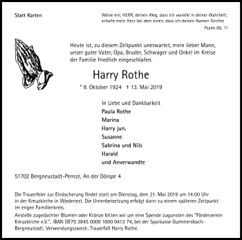 Anzeige von Harry Rothe von Kölner Stadt-Anzeiger / Kölnische Rundschau / Express