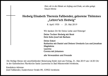 Anzeige von Hedwig Elisabeth Theresia Faßbender von Kölner Stadt-Anzeiger / Kölnische Rundschau / Express
