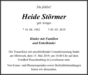 Anzeige von Heide Störmer von Kölner Stadt-Anzeiger / Kölnische Rundschau / Express