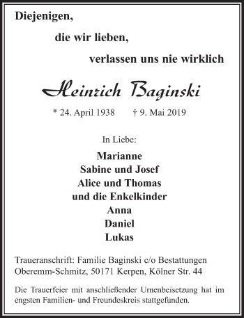 Anzeige von Heinrich Baginski von  Sonntags-Post 