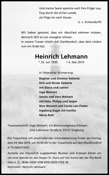 Anzeige von Heinrich Lehmann von Kölner Stadt-Anzeiger / Kölnische Rundschau / Express