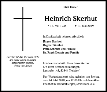 Anzeige von Heinrich Skerhut von Kölner Stadt-Anzeiger / Kölnische Rundschau / Express