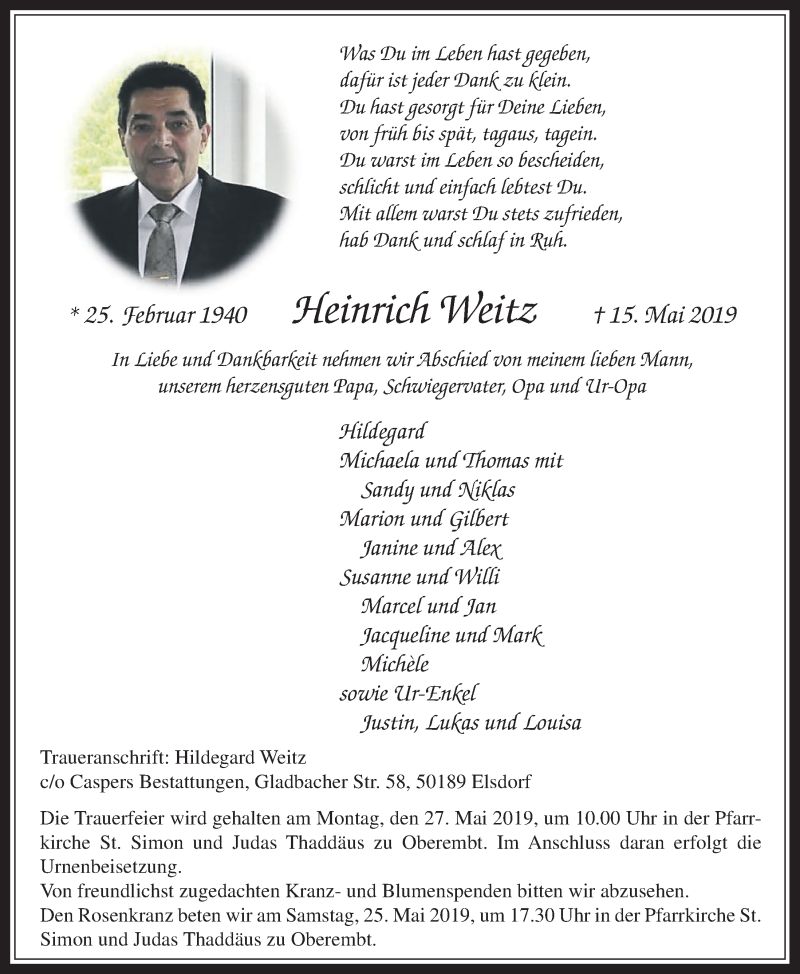  Traueranzeige für Heinrich Weitz vom 22.05.2019 aus  Werbepost 