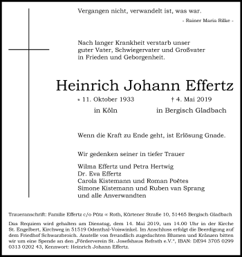 Anzeige von Heinrich Johann Effertz von Kölner Stadt-Anzeiger / Kölnische Rundschau / Express