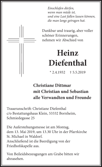 Anzeige von Heinz Diefenthal von  Schaufenster/Blickpunkt  Schlossbote/Werbekurier 