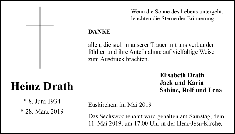  Traueranzeige für Heinz Drath vom 04.05.2019 aus  Blickpunkt Euskirchen 